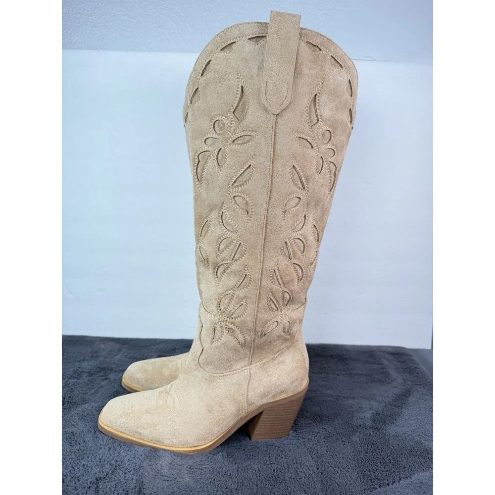 ISNOM Women’s Size 7 Beige Suede Western Cowboy Boots Cutout Floral Knee High